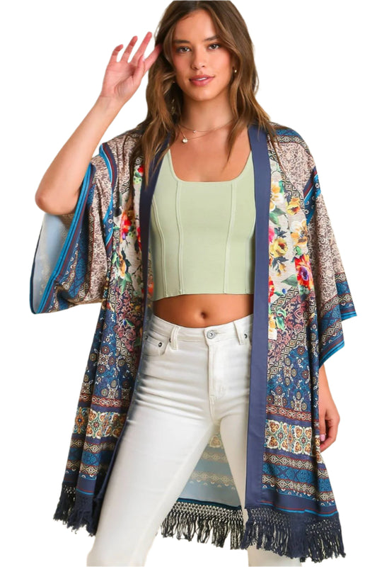 Umgee Fringe Hem Open Front Printed Kimono Sleeve Cover-Up