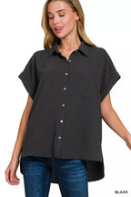 Black button-down blouse with short sleeves, collar, chest pocket, and front buttons