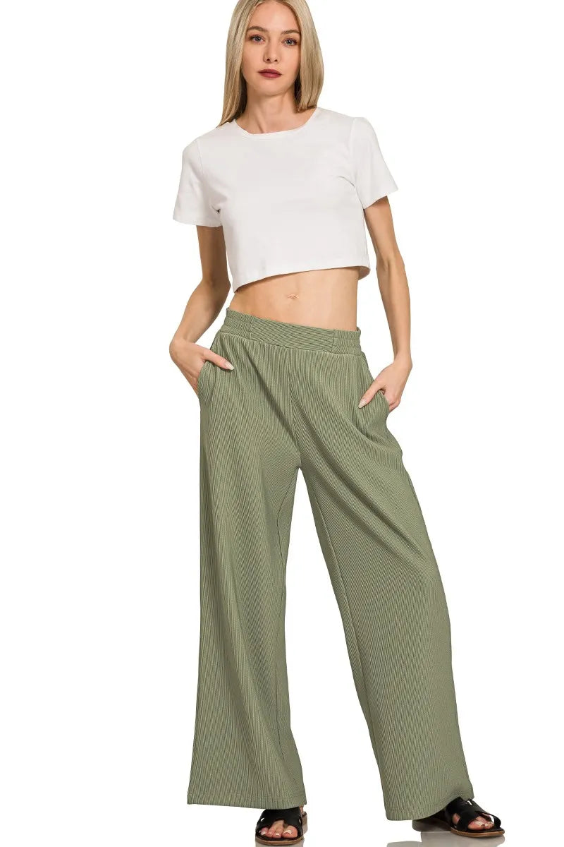 Olive Green Ribbed Knit Lounge Set – Half-Zip Hoodie & Palazzo Pants