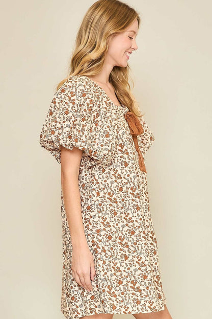 Umgee Lace Tape Drawstring Floral Puff Sleeve Mini Dress