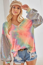 V-Neck Tie-Dye French Terry Top with Shimmer – Trendy & Cozy