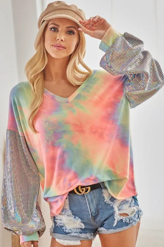 V-Neck Tie-Dye French Terry Top with Shimmer – Trendy & Cozy