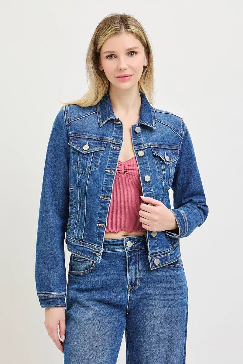 Medium-wash denim button-down jacket with flap chest pockets and long sleeves