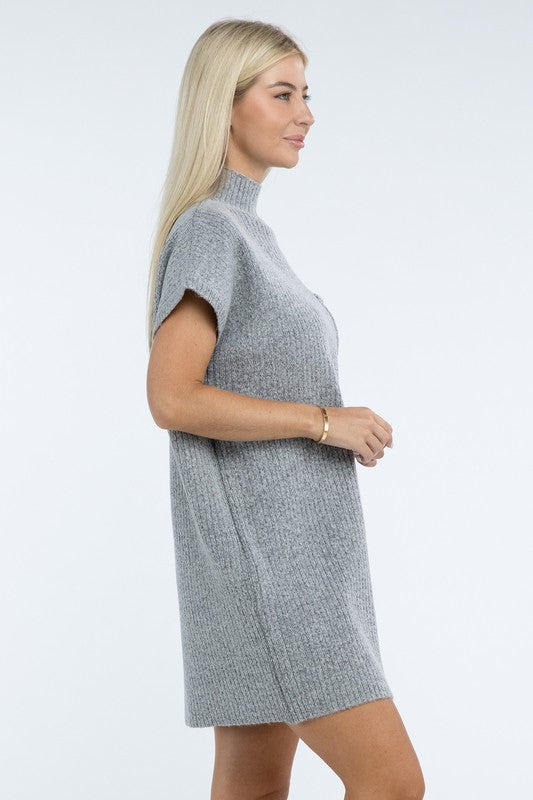 Zenana Mock Neck Short Sleeve Sweater Dress with Pocket