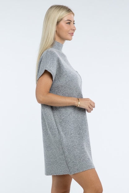 Zenana Mock Neck Short Sleeve Sweater Dress with Pocket