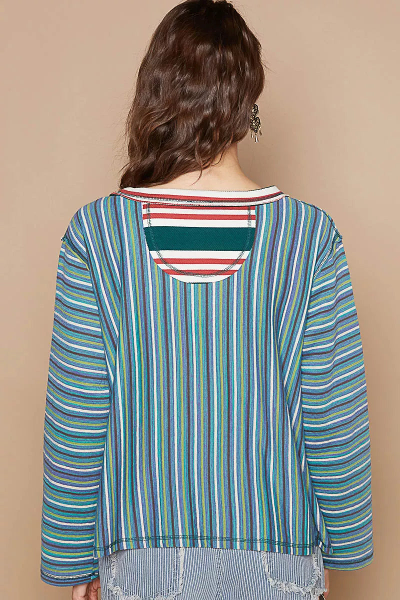 Color Block Striped Round Neck Long Sleeve T-Shirt – Casual Chic