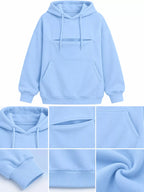 Light blue cat-pouch hoodie close-up: hood, drawstrings, kangaroo pocket