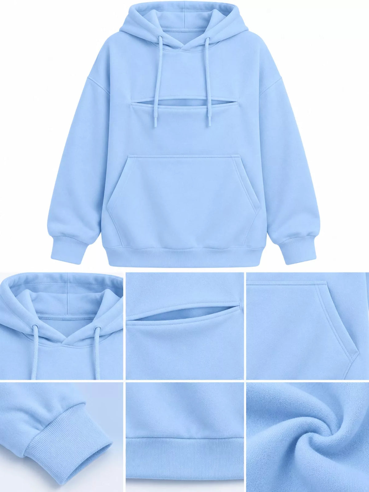 Light blue cat-pouch hoodie close-up: hood, drawstrings, kangaroo pocket