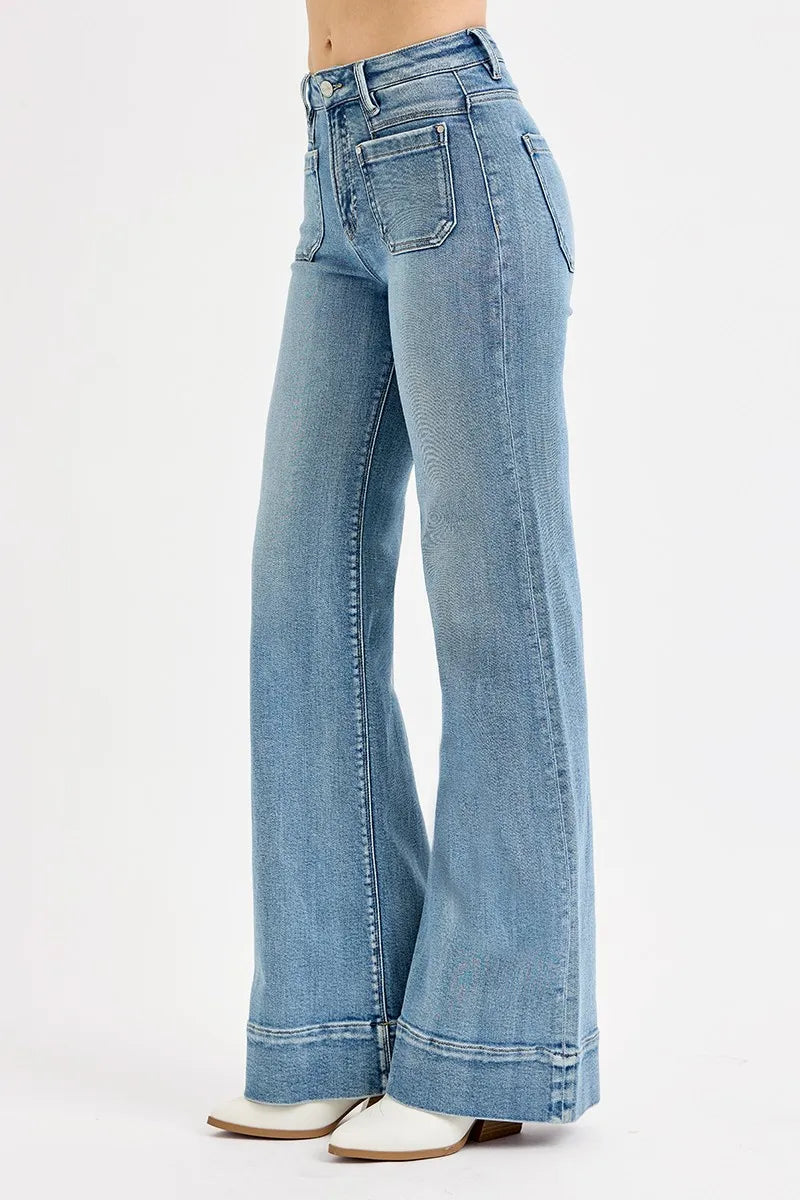 Vintage Flare Jeans – High Waist Patch Pocket Light Wash Denim