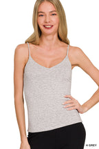 Heather gray double-layer V-neck cami with thin spaghetti straps, fitted knit