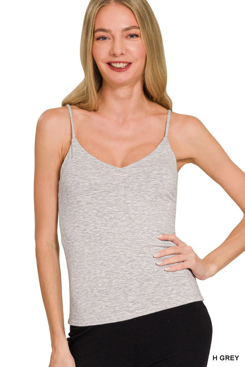 Heather gray double-layer V-neck cami with thin spaghetti straps, fitted knit