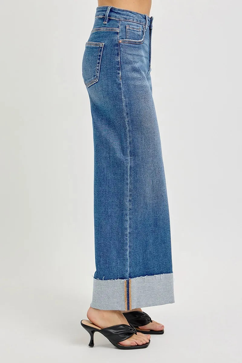 Tummy Control High Rise Crop Wide Cuffed Jeans | Slimming Trendy Fit