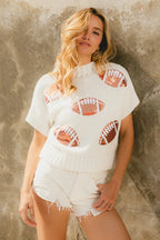 Football Print Pullover Sweater – Sporty Chic Short Sleeve Knit