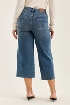 Mid-wash wide-crop jeans with two back patch pockets and wide straight legs