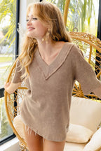 Mineral Washed V-Neck Top with Cut Edge Detail | Edgy Women’s Casual Tee