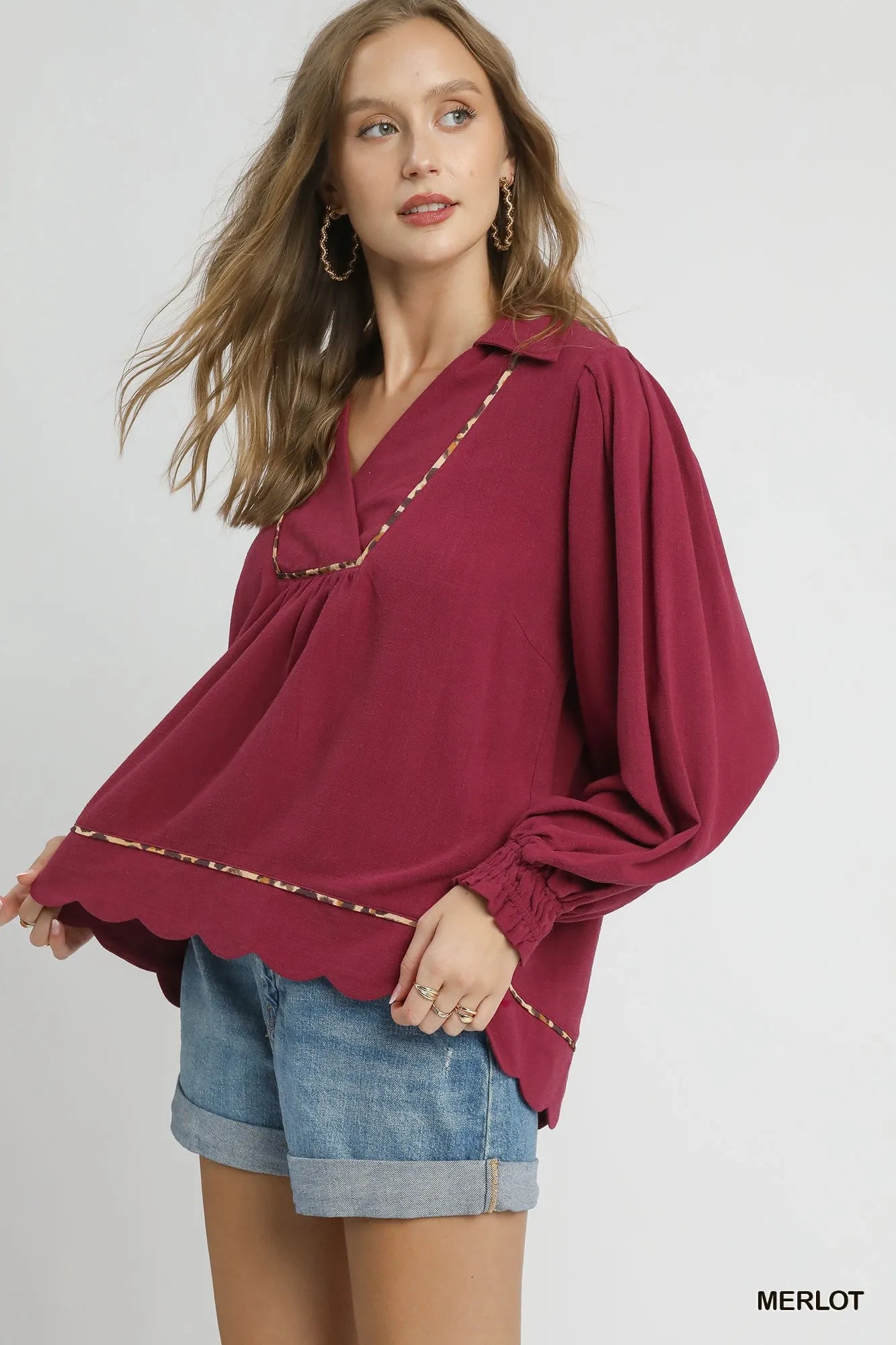 Linen Scallop Hem Blouse Contrast Trim Elegant Women’s Casual Plus Top