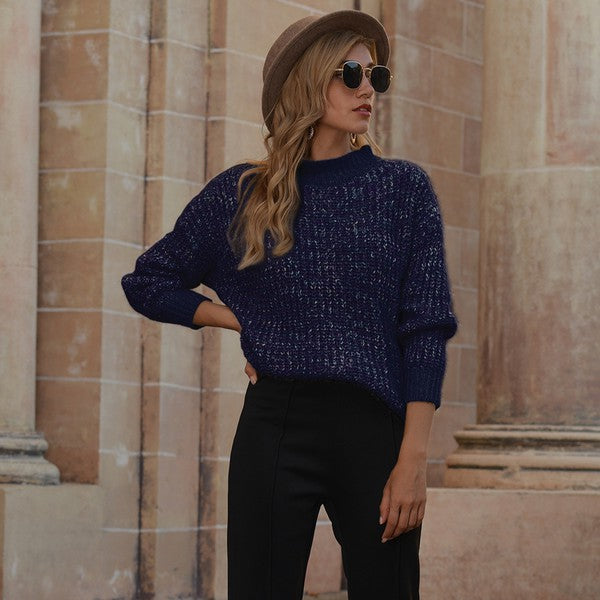 Hope Horizon Navy Blue Frenchy Shine Mock Neck Sweater