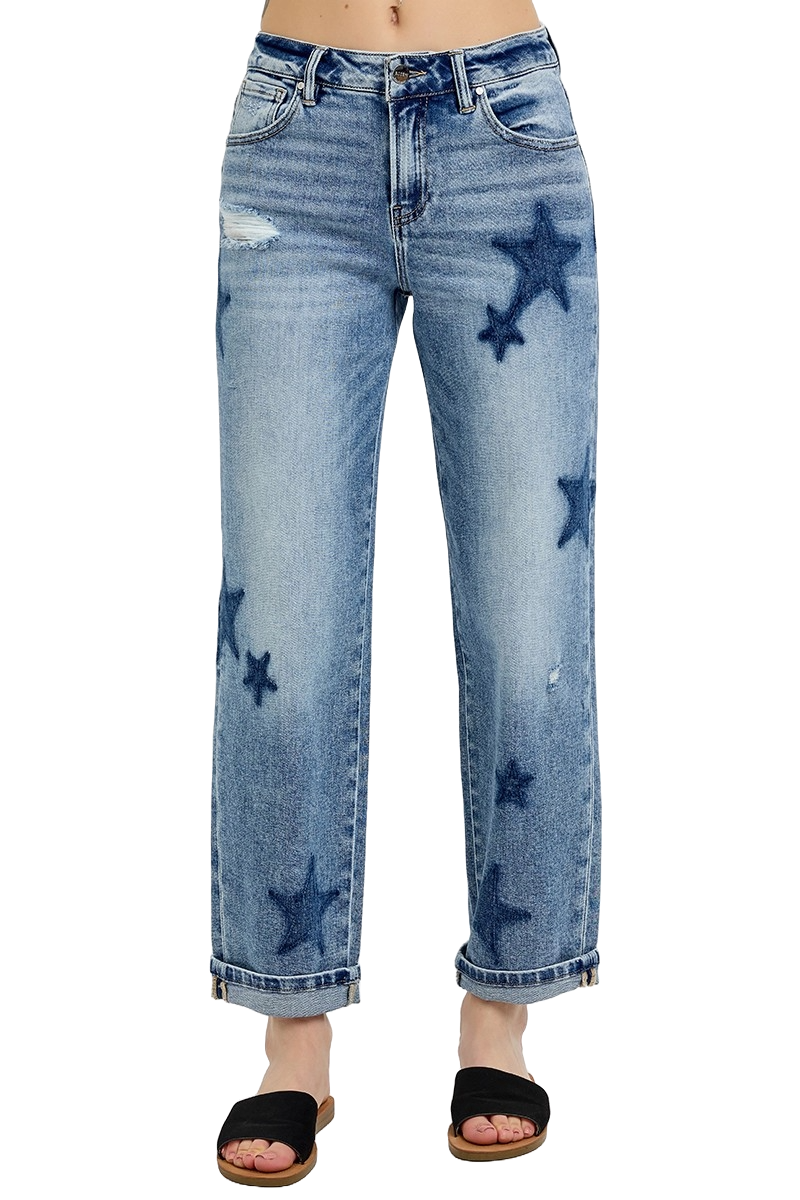 Dreamkue-Risen Women's Mid Rise Boyfriend Jeans with Star Shadow Detail and Cuffed Hem