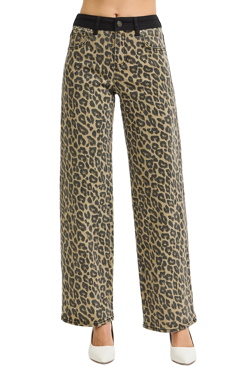 High Rise Wide Leg Leopard Print Jeans | Bold Contrast Waistband