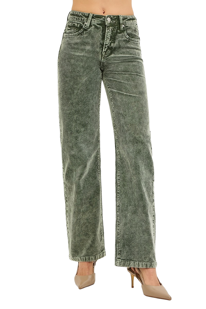 Risen Women's Tummy Control Mid Rise Straight Leg Slimming Stretch Corduroy Pants