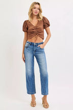 Risen High Waist Boyfriend Wide Leg Cropped Jeans
