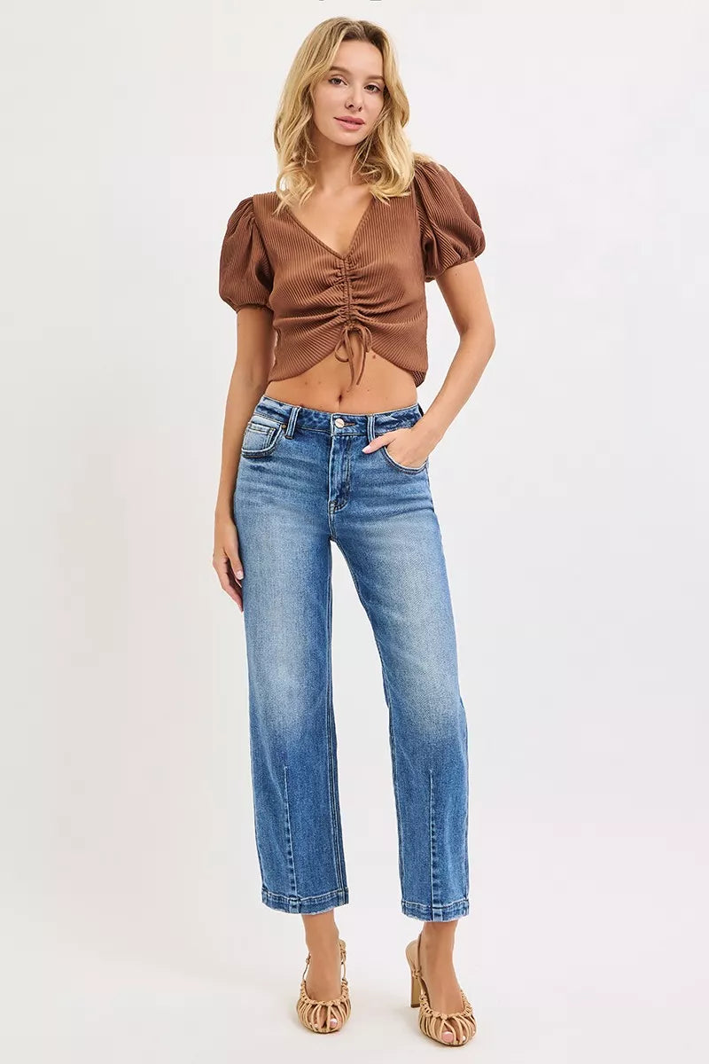 Risen High Waist Boyfriend Wide Leg Cropped Jeans