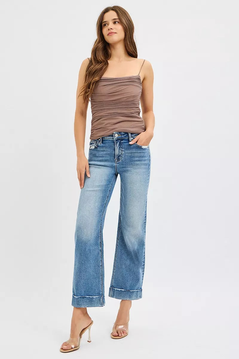 Risen Mid Rise Crop Straight Jeans – Casual Cuffed Stretch Denim