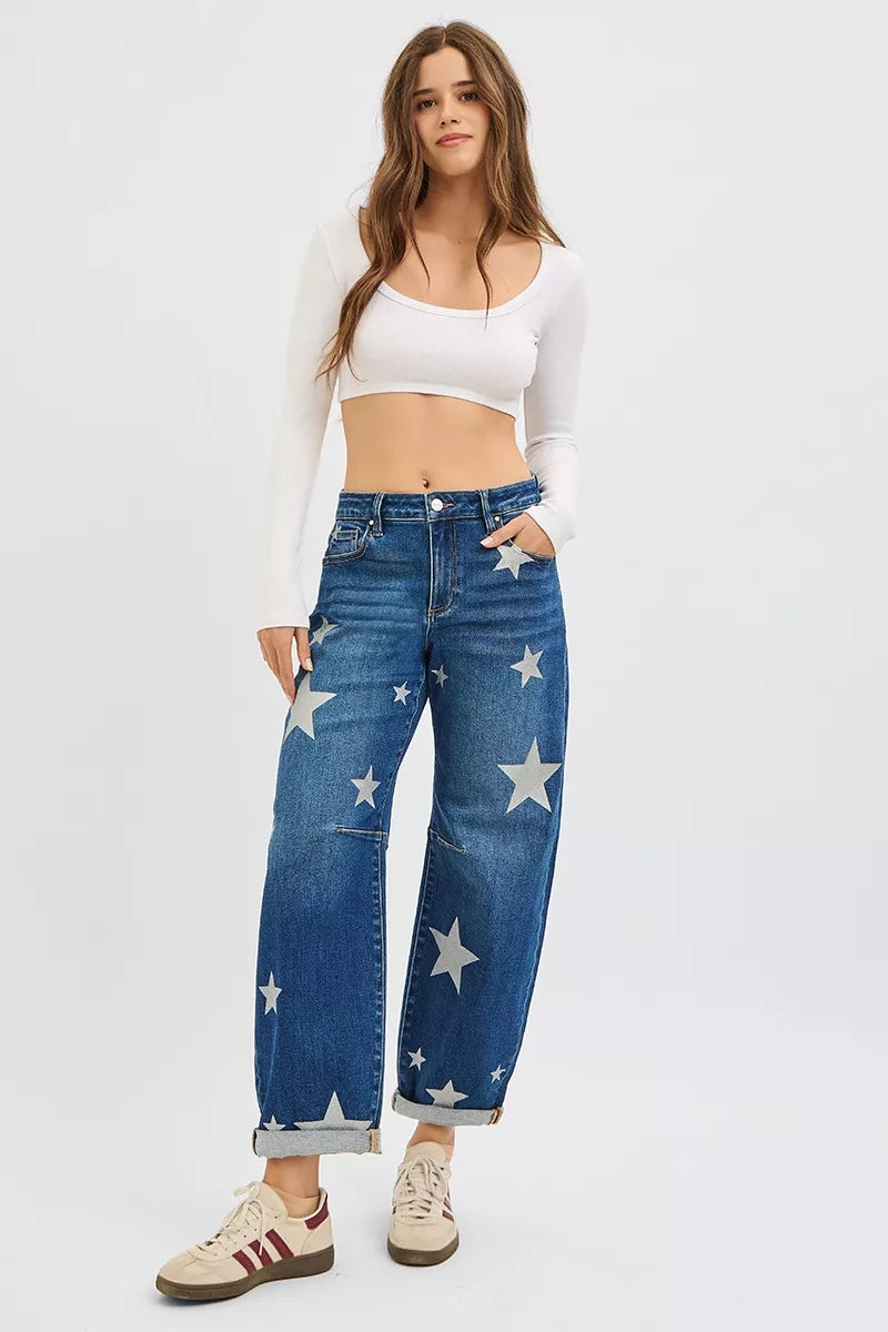Risen Women's Ankle Length Relaxed Barrel Star Print Jeans Trendy Casual Denim Pants