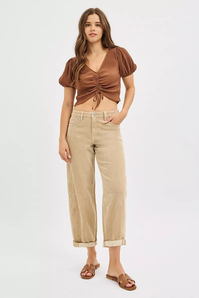 Risen Women's High Rise Crop Barrel Corduroy Pants