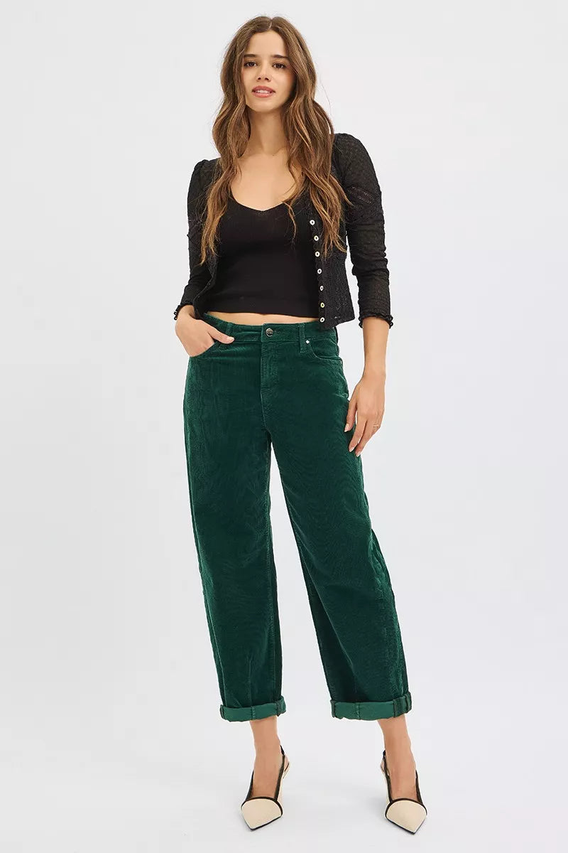 Risen Women's High Rise Crop Barrel Corduroy Pants