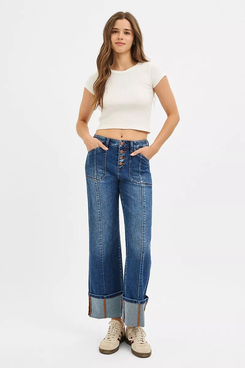 Risen Women's High Rise Crop Wide Straight Cuffed Plus Jeans