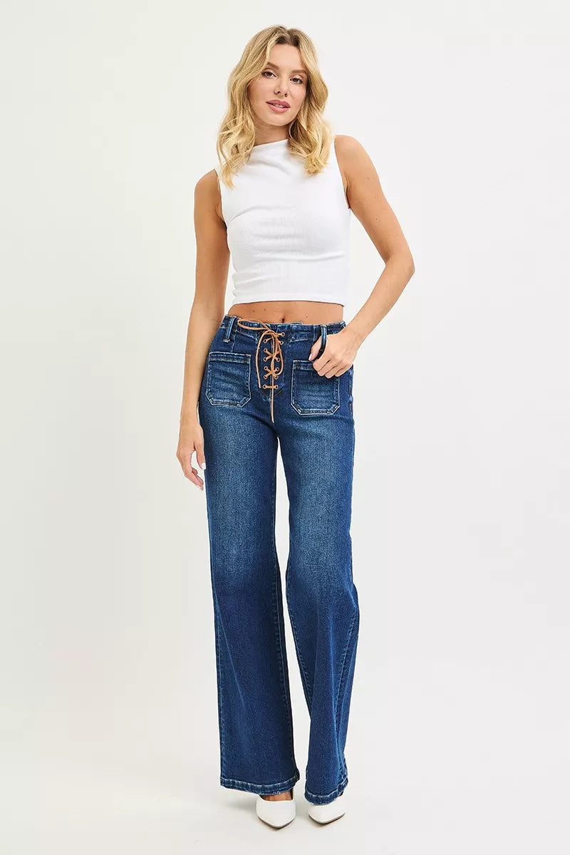 Risen Women's High Rise Wide Leg Jeans with Front Tie Plus
