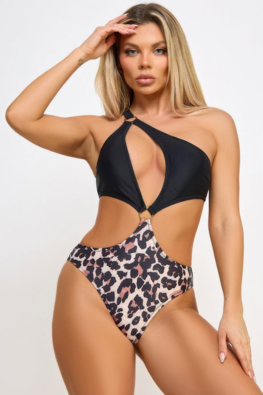 Calypso One-Shoulder Swimsuit – Color Block, Leopard & Cut-Out Rings