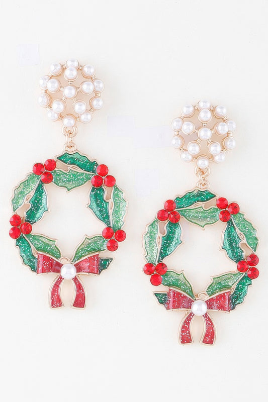 Jeweled Ribbon Wreath Earrings – Festive, Elegant & Holiday-Ready