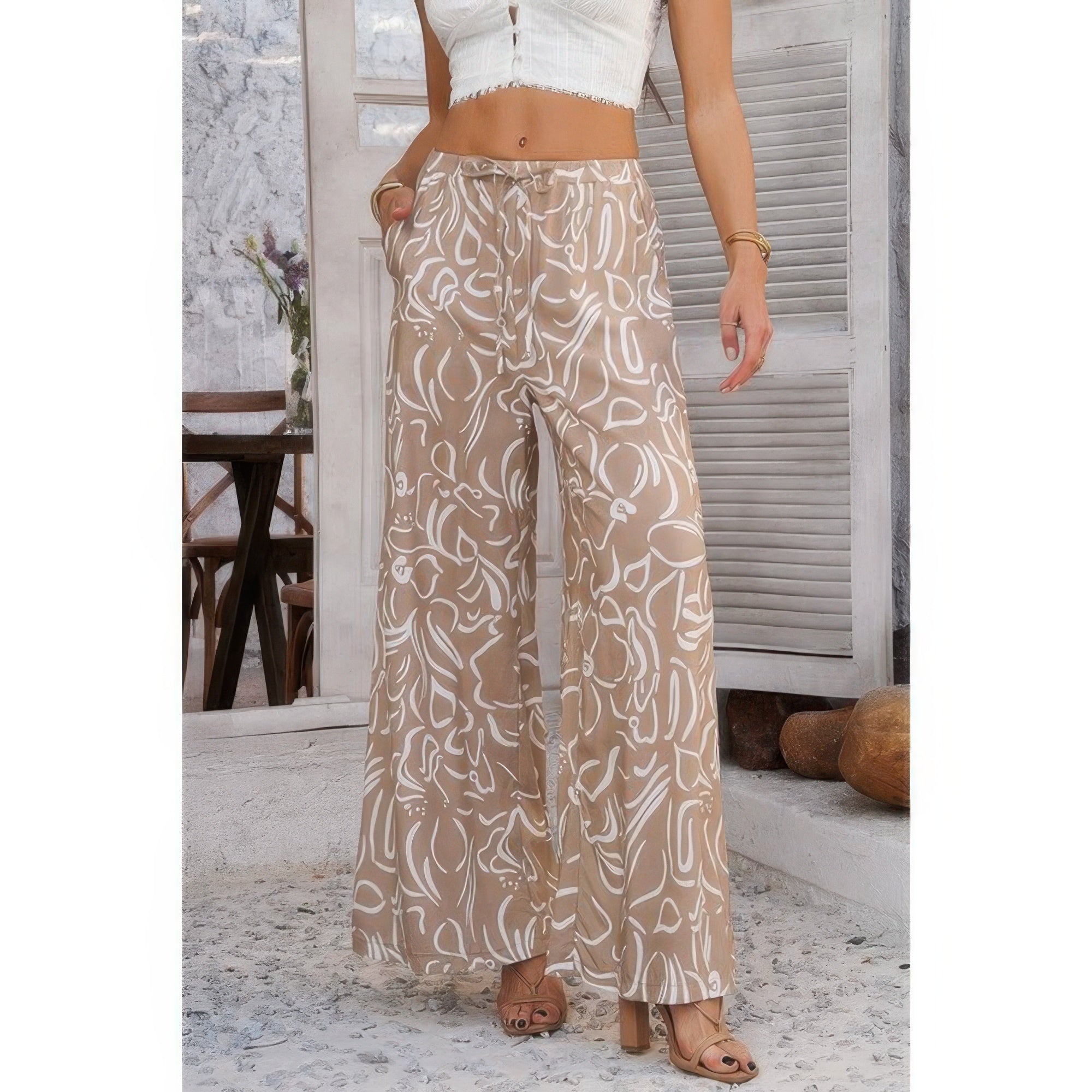 Allover Print Wide Leg Pants with Drawstring & Pockets – Relaxed Fit