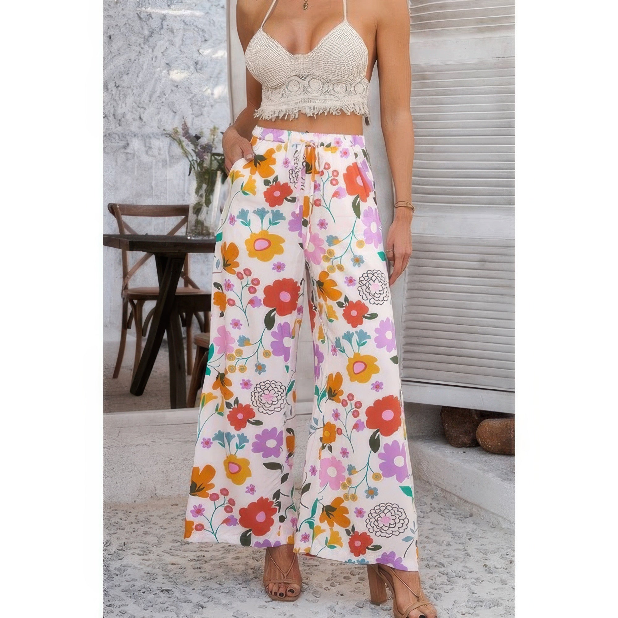 Allover Print Wide Leg Pants with Drawstring & Pockets – Relaxed Fit