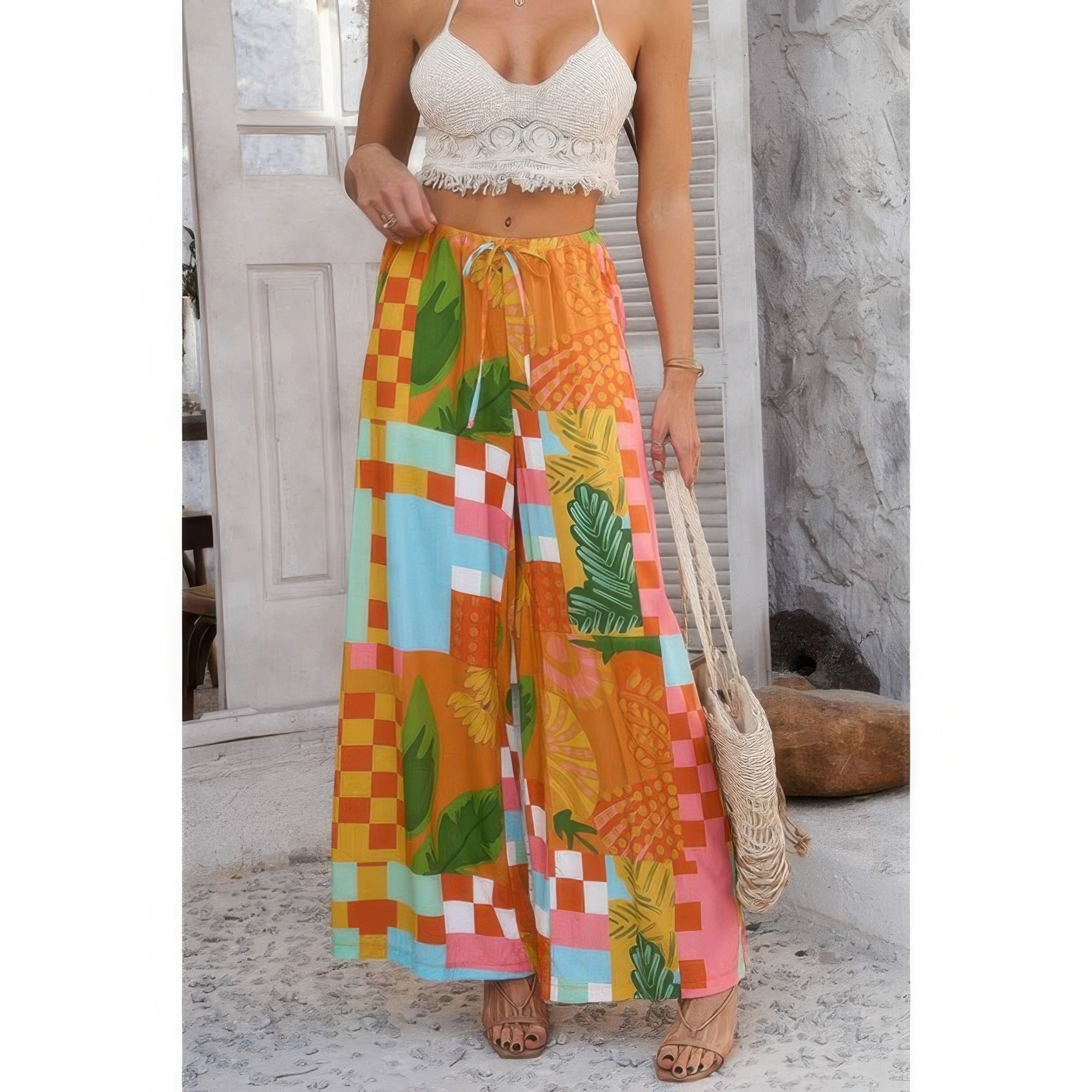 Allover Print Wide Leg Pants with Drawstring & Pockets – Relaxed Fit