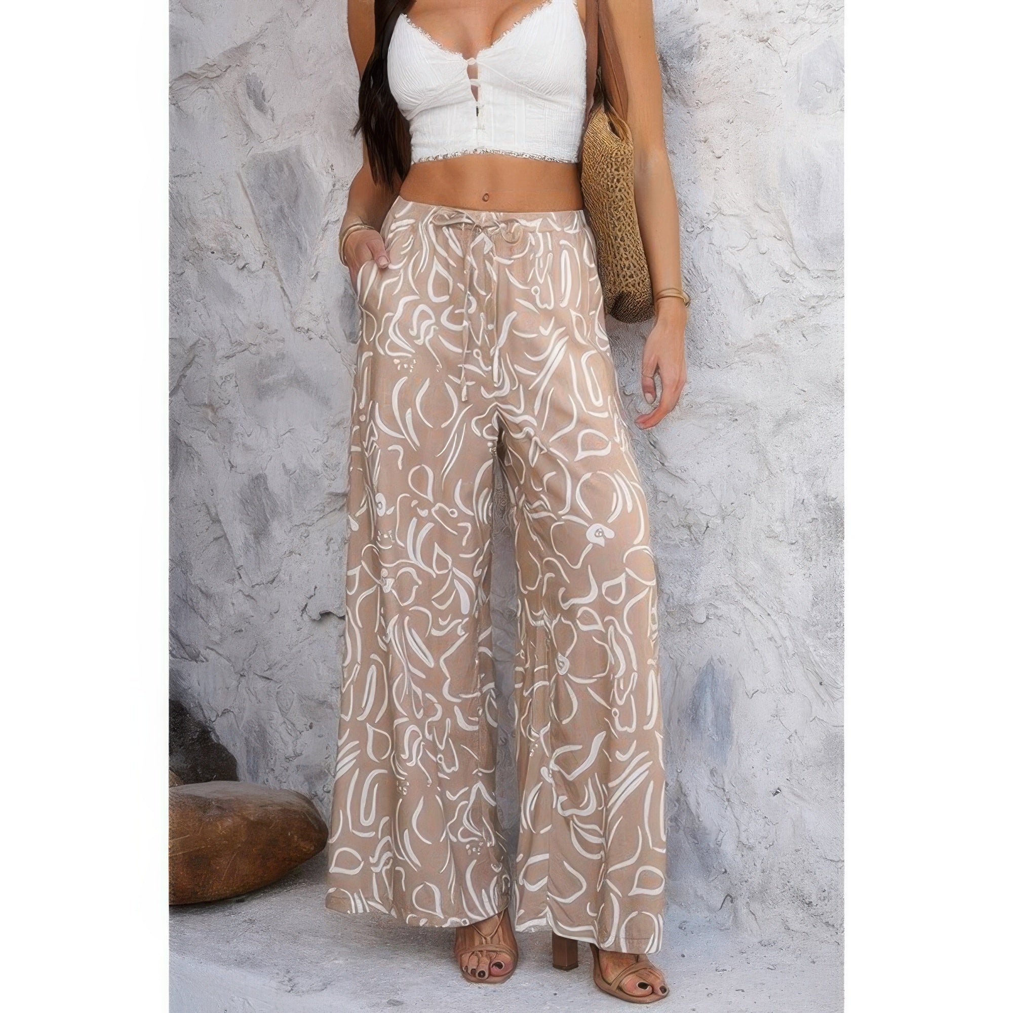 Allover Print Wide Leg Pants with Drawstring & Pockets – Relaxed Fit