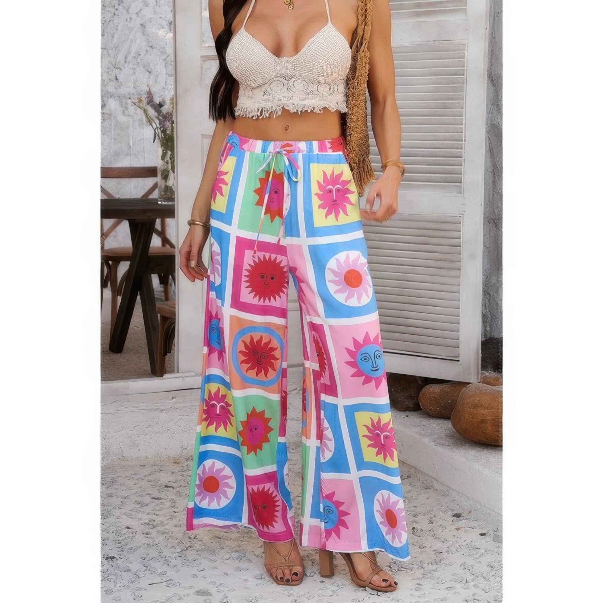 Allover Print Wide Leg Pants with Drawstring & Pockets – Relaxed Fit