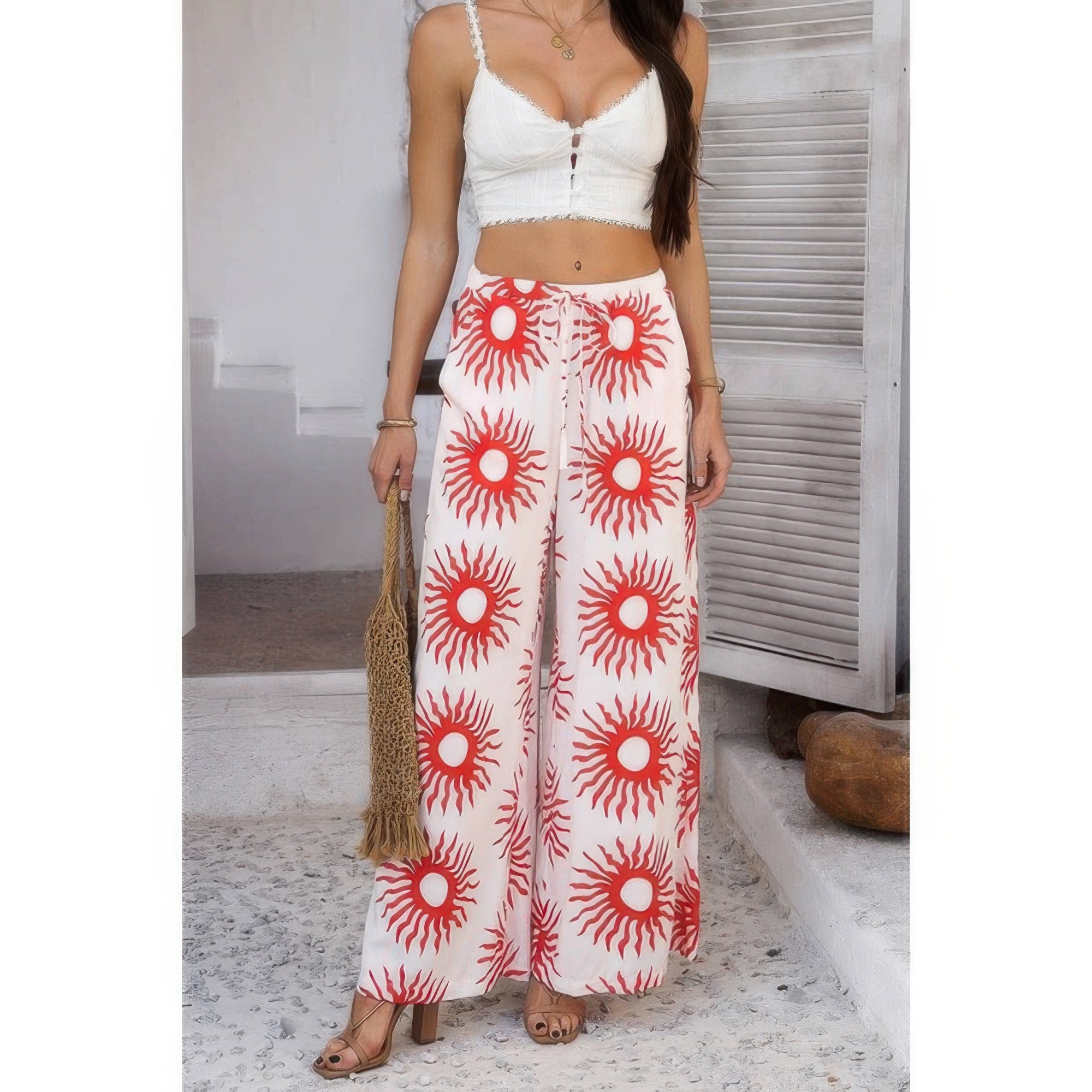 Allover Print Wide Leg Pants with Drawstring & Pockets – Relaxed Fit