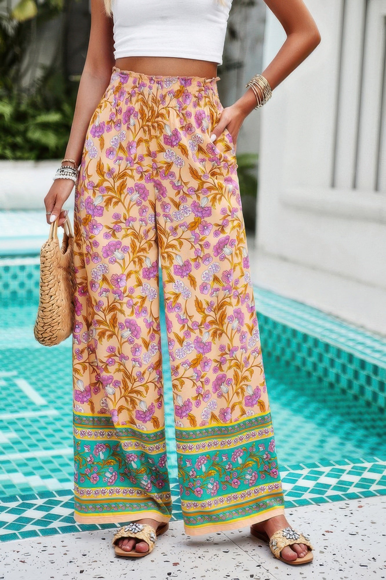 Floral High-Waist Wide-Leg Pants – Lightweight & Bold