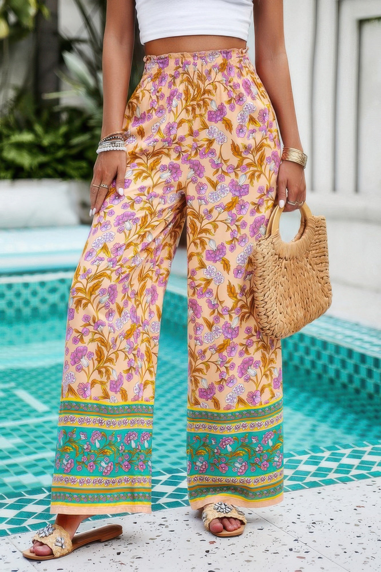 Floral High-Waist Wide-Leg Pants – Lightweight & Bold