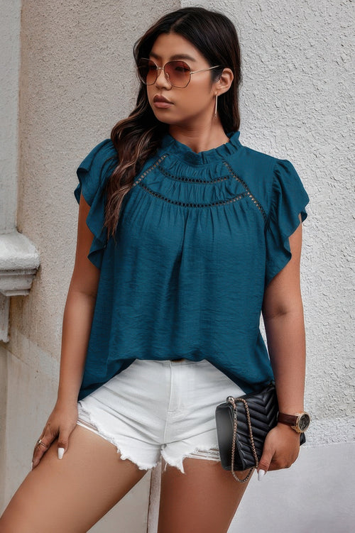 Plus-Size Hollow-Out Shirt – Frill Collar Cap Sleeve Romantic Top