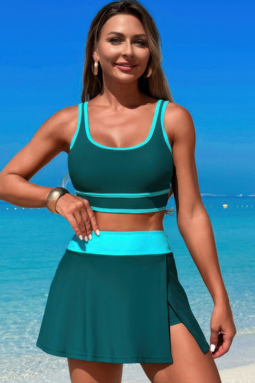 Color Block High-Waisted Skirt Swimsuit – Two-Piece Set with Retro Charm