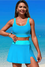 Color Block High-Waisted Skirt Swimsuit – Two-Piece Set with Retro Charm