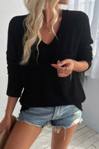 Solid Textured V-Neck Long Sleeve Shirt with Pocket | Casual & Stylish