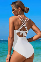 Cross-Back Color Block Lace Swimsuit – Stylish One-Piece with Knot Detail