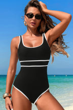 U-Neck Contrast Trim Stripe One-Piece Swimsuit – Classic & Flattering Fit