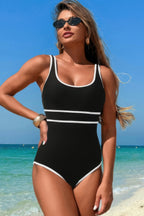 U-Neck Contrast Trim Stripe One-Piece Swimsuit – Classic & Flattering Fit