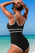 U-Neck Contrast Trim Stripe One-Piece Swimsuit – Classic & Flattering Fit